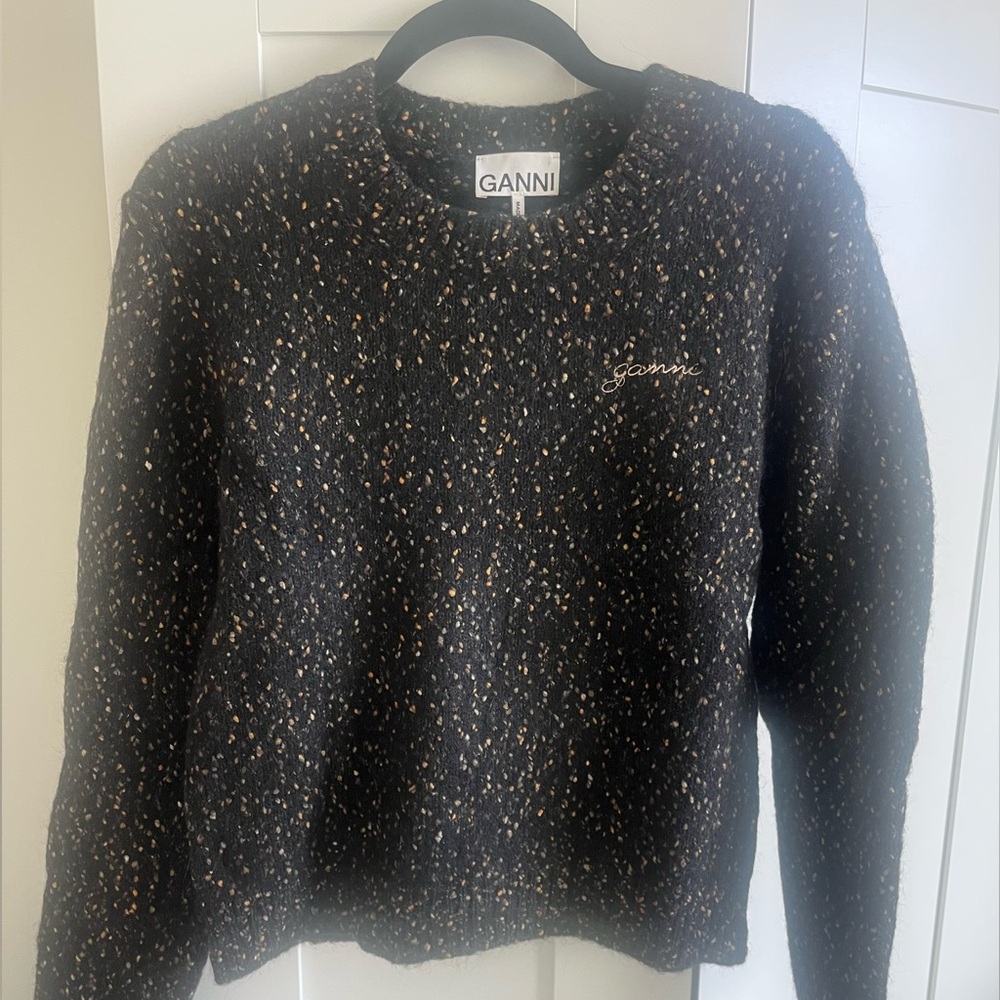Ganni Black Speckled Crewneck Sweater with Gold Accent